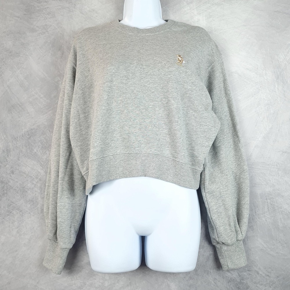 Lily Brown Sweater Womens One Size Crewneck Cropped Embroidered Bear Pullover